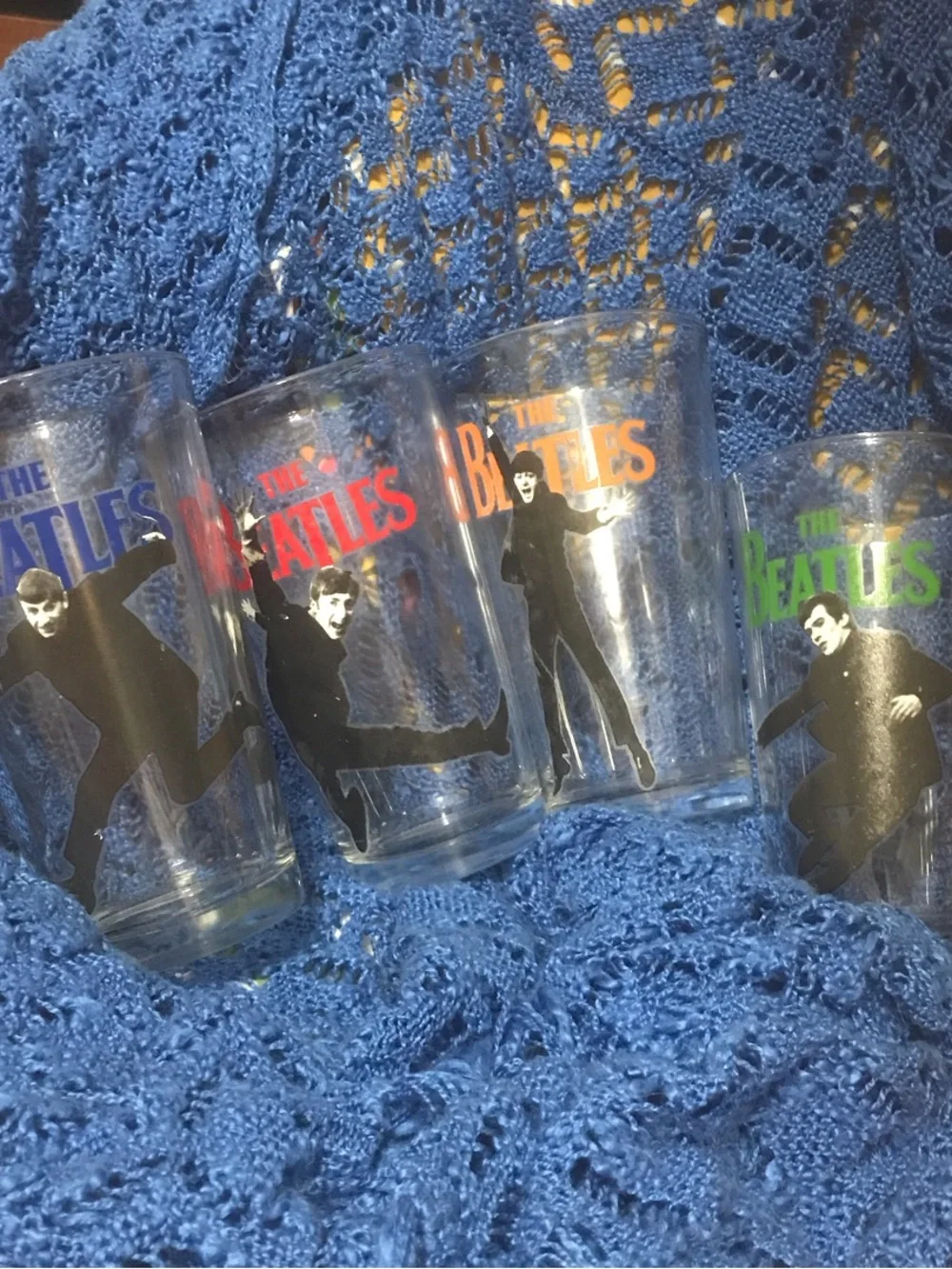 The Beatles Pint Glasses Set with Red, Orange, Blue, Green Logos